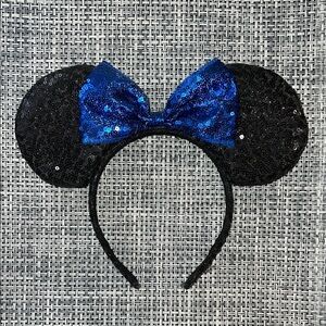 DISNEY Minnie Mouse Black Sequin Blue Bow Ears